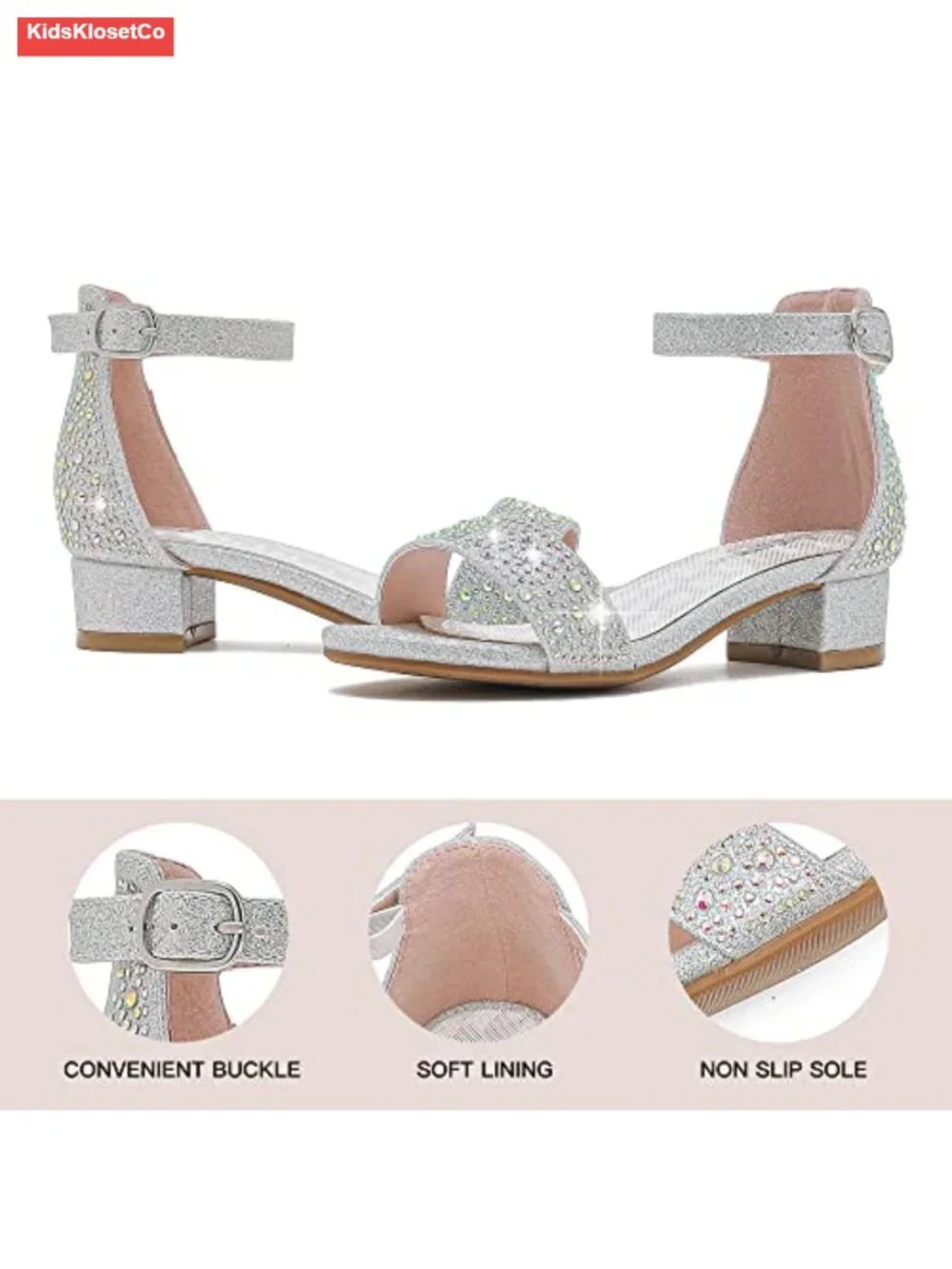 Girls Rhinestone Dress Sandals Low Block Heel Ankle Strap Flower Girl Wedding